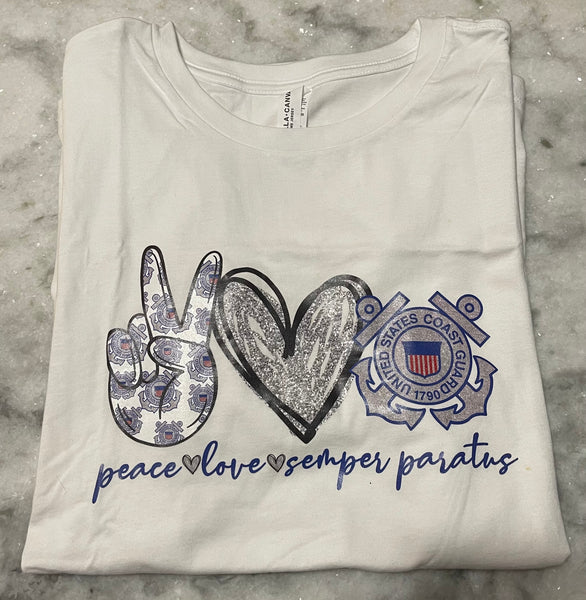 PEACE LOVE COAST GUARD LADIES LARGE WHITE TEE