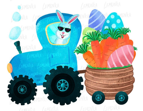 BLUE TRACTOR BUNNY WITH EGGS DTF PRINT